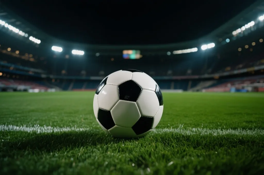 An action shot of a soccer ball on a vibrant green grass field of a professional stadium, dramatic evening lighting, cinematic sports photography